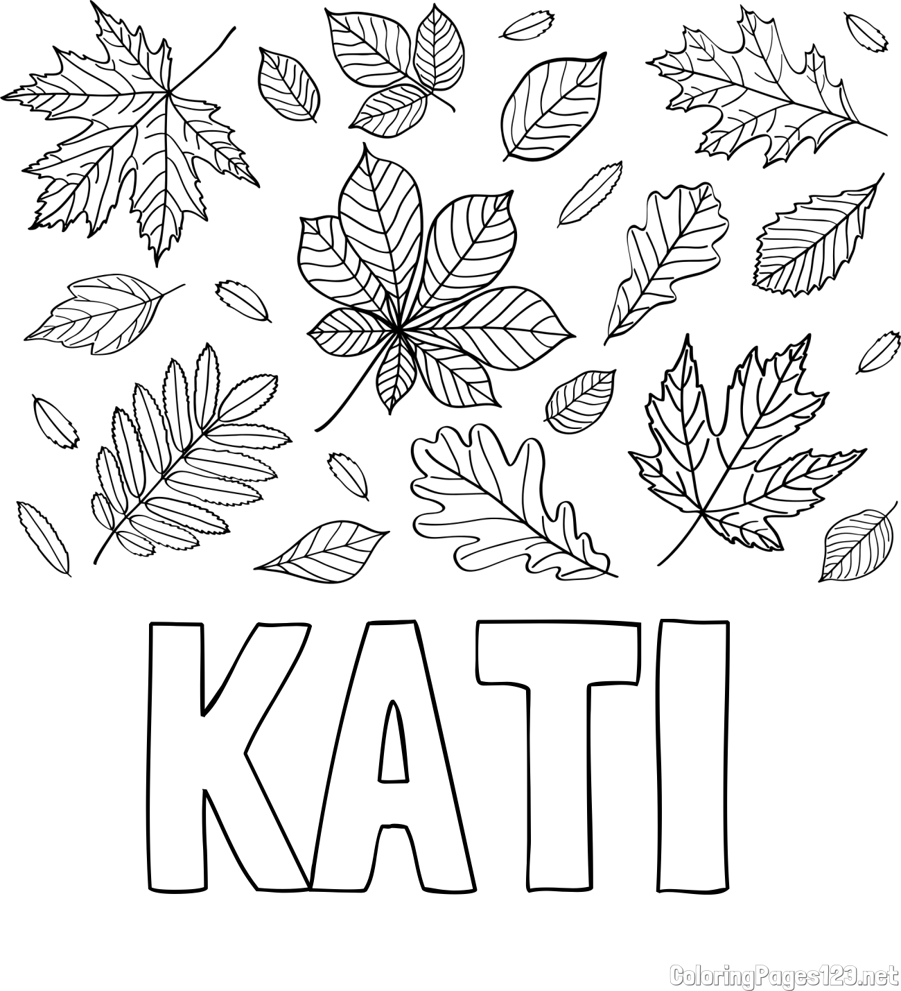 KATI Coloring Page and Autumn Leaves Coloring Page