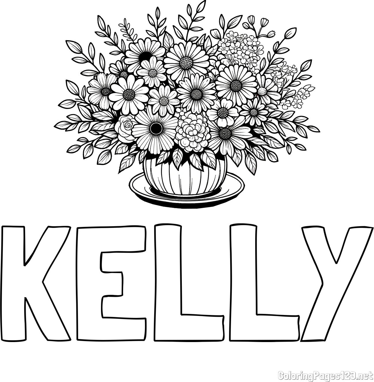 KELLY Coloring Page and Beautiful Bouquet of Flowers Coloring Page