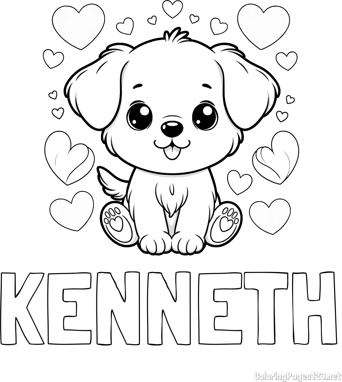KENNETH Coloring Page and Coloring Page of a Cute Dog and Hearts