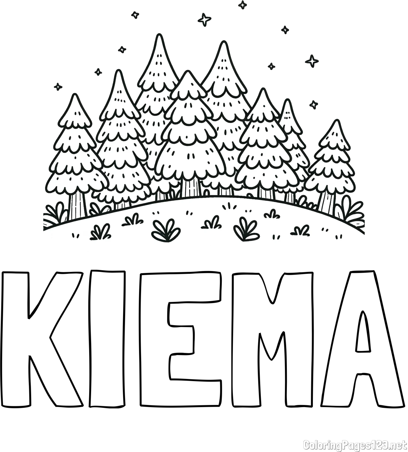 KIEMA Coloring Page and Spruce Forest Coloring Page for Kids