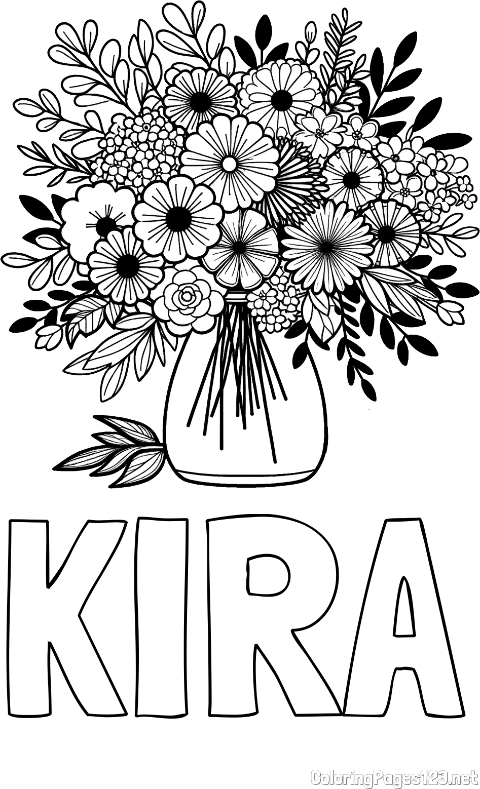 KIRA Coloring Page and Flower Bouquet Coloring Page