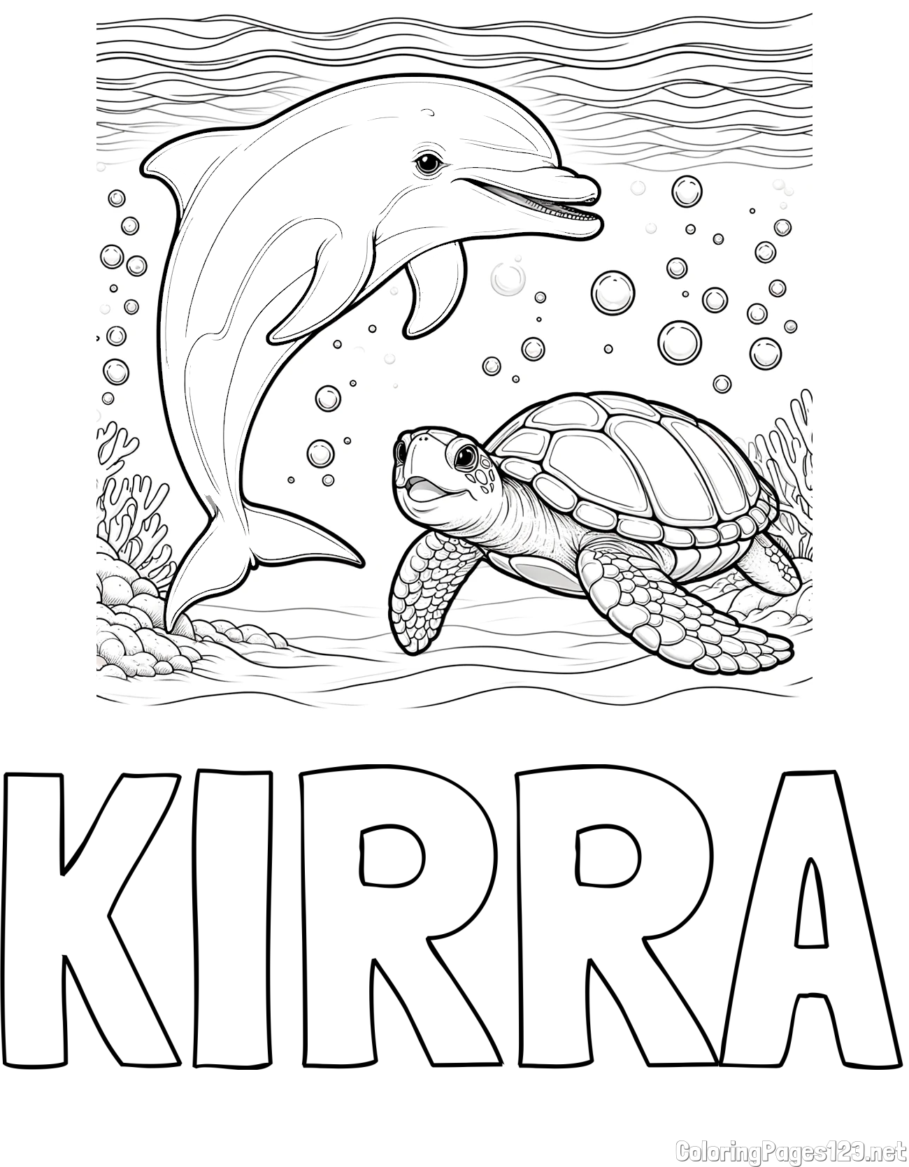 KIRRA Coloring Page and Coloring Book of a Cute Dolphin and Its Turtle Friend"