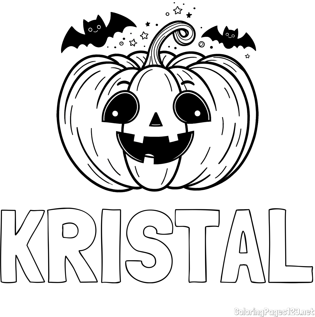 KRISTAL Coloring Page and Halloween Pumpkin and Bats Coloring Page