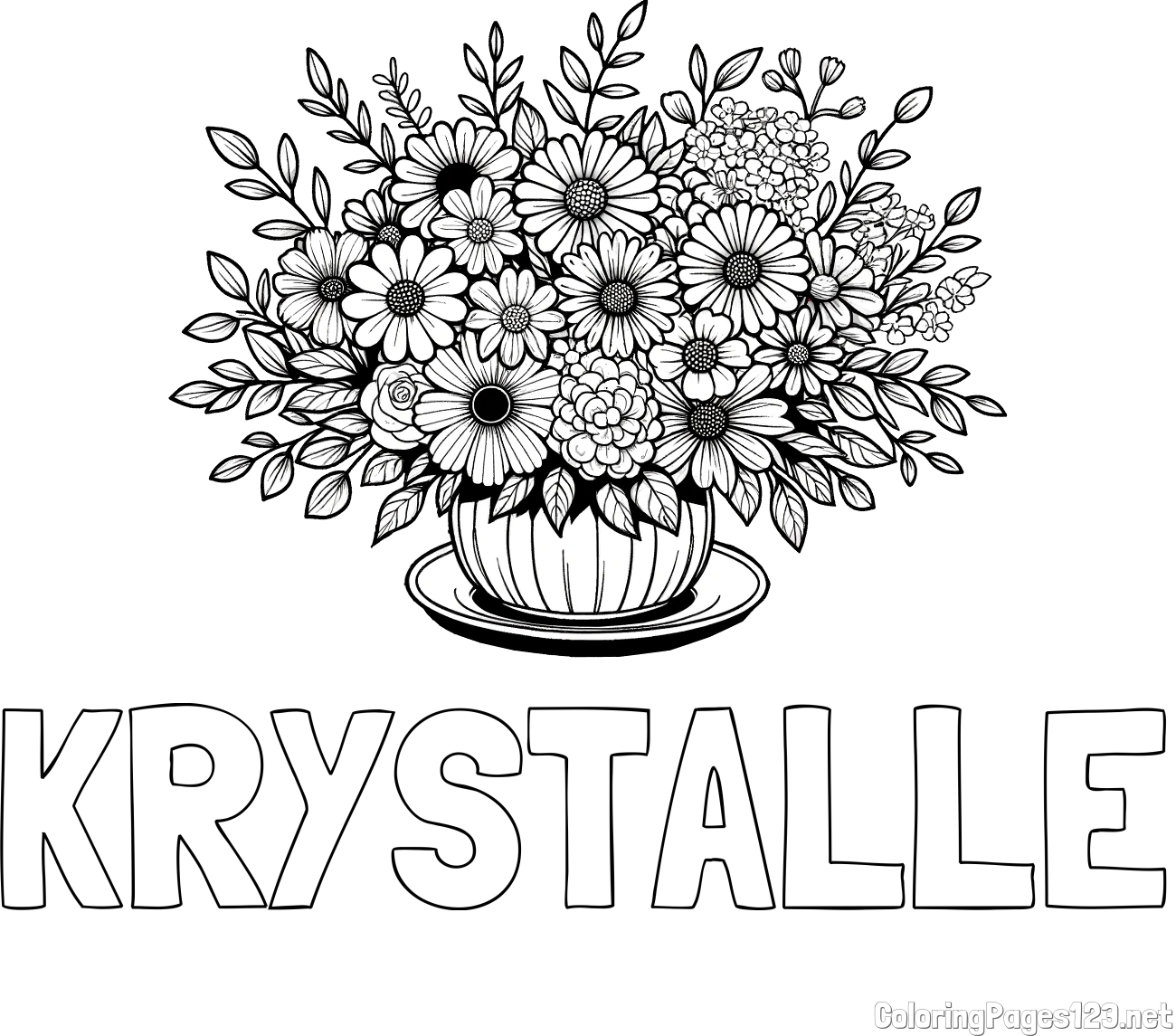 KRYSTALLE Coloring Page and Beautiful Bouquet of Flowers Coloring Page