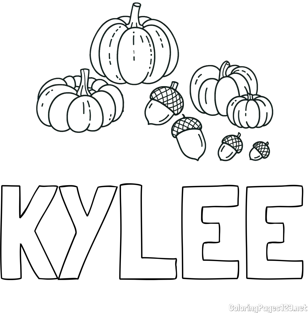 KYLEE Coloring Page and Autumn Harvest Coloring Page - Acorns and Pumpkins