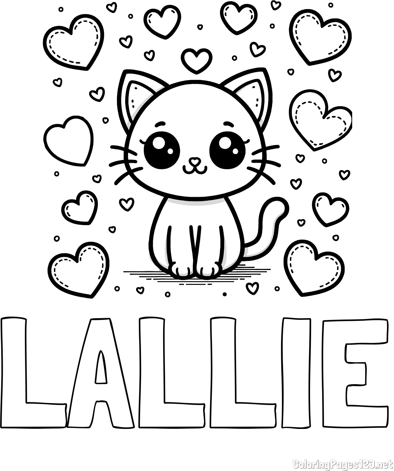 LALLIE Coloring Page and Free Coloring Page of a Cat and Hearts