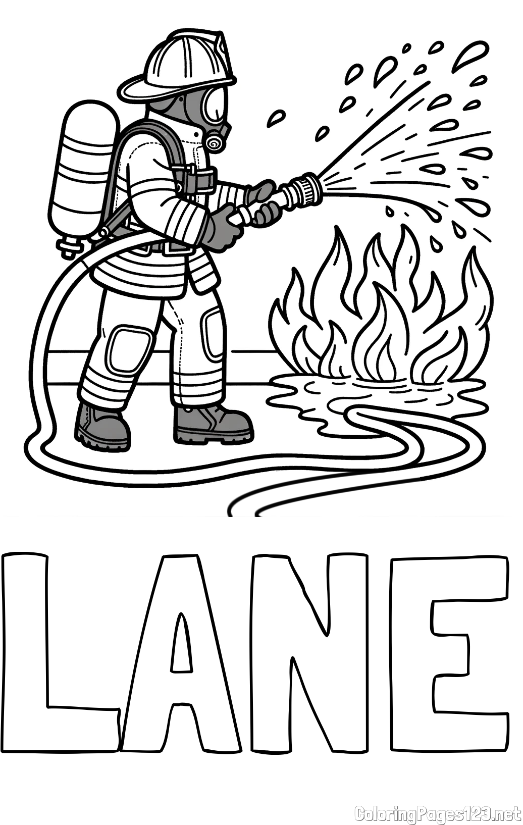 LANE Coloring Page and A coloring page of a firefighter and a big fire
