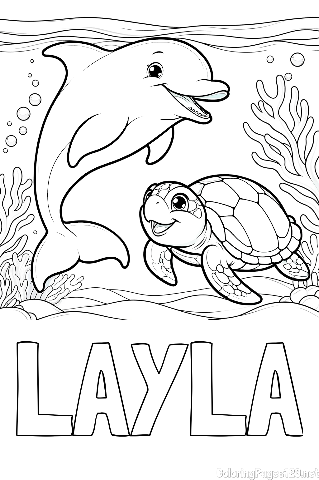 LAYLA Coloring Page alongside Coloring Book of a Cute Dolphin with a Turtle in the Sea