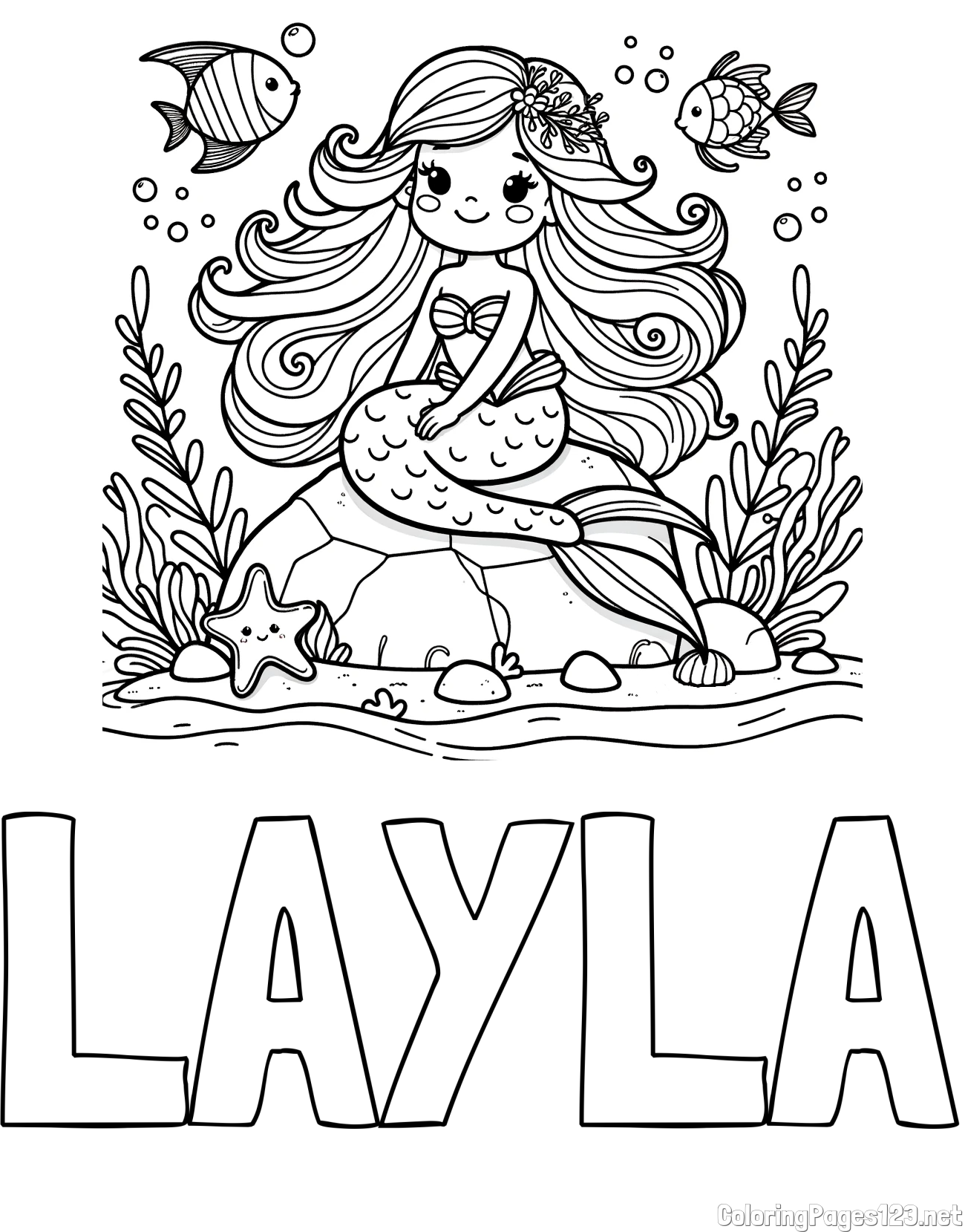 LAYLA Coloring Page and Coloring Page of a Cute Little Mermaid