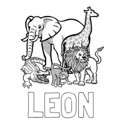 Online Created Coloring Page - LEON Coloring Page and Zoo Animals Coloring Page - Elephant, Tiger, Monkey, and Crocodile