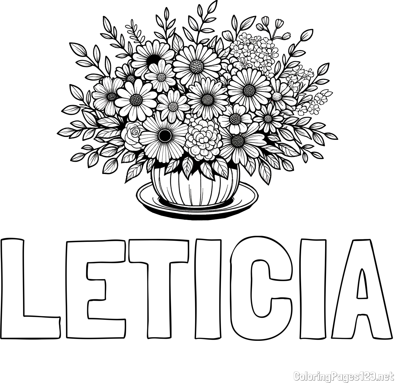 LETICIA Coloring Page and Beautiful Bouquet of Flowers Coloring Page
