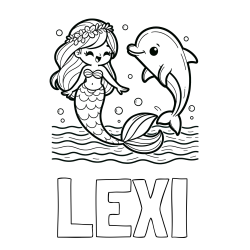 LEXI Coloring Page alongside Coloring Page of a Cute Mermaid Dancing with a Dolphin