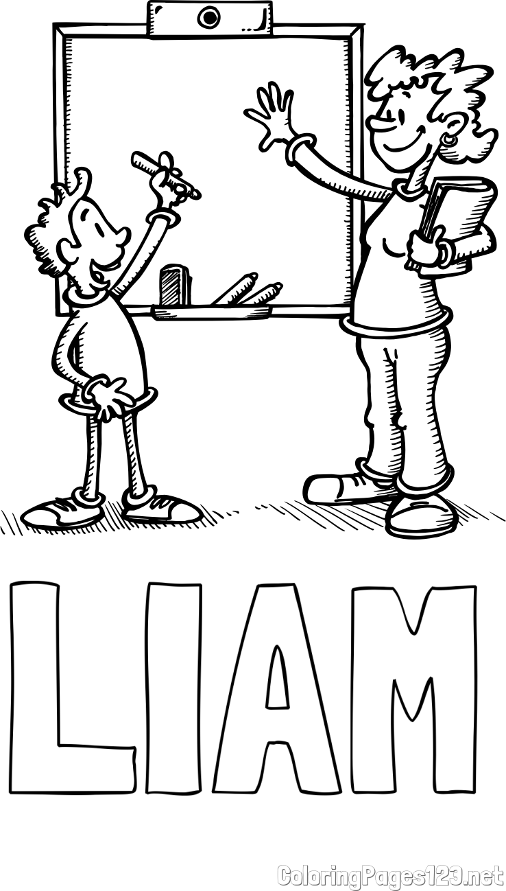 LIAM Coloring Page and School Coloring Page of a Teacher and a Student