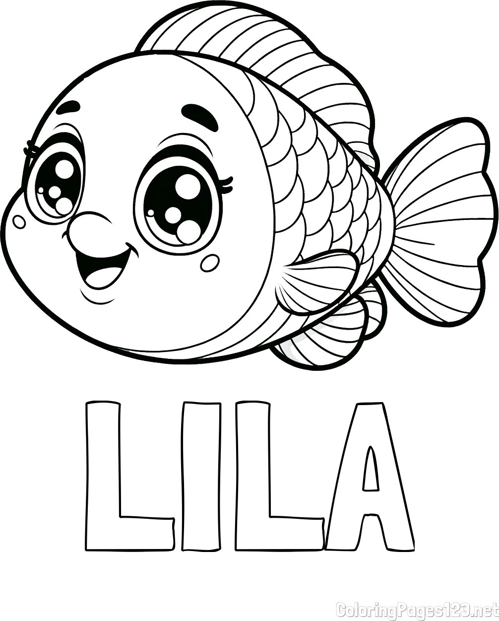 LILA Coloring Page alongside Free Coloring Page of a Smiling Fish