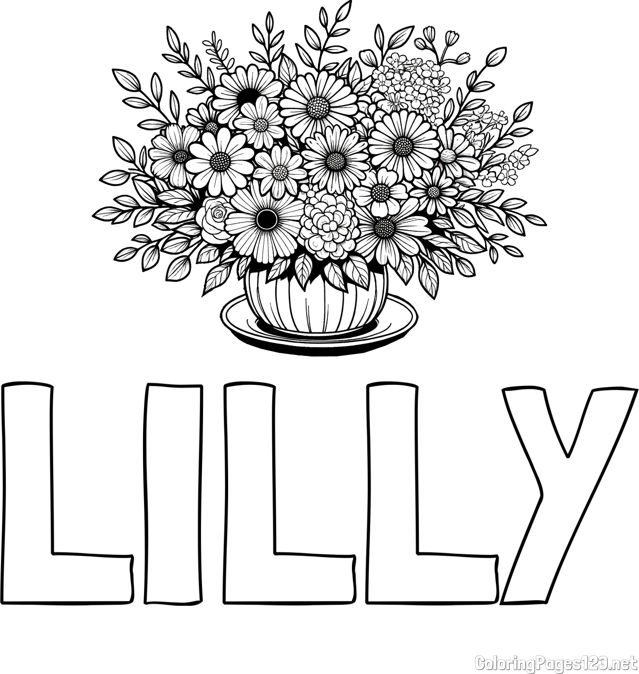 LILLY Coloring Page and Beautiful Bouquet of Flowers Coloring Page