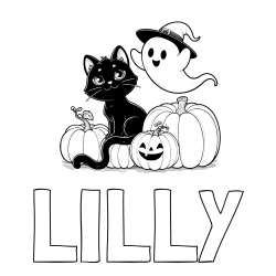 Online Created Coloring Page - LILLY Coloring Page and Halloween Pumpkin Coloring Page for Kids - Happy Cat, Ghost, and Pumpkins