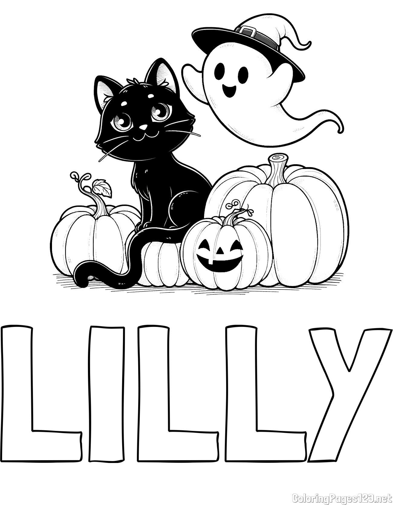LILLY Coloring Page and Halloween Pumpkin Coloring Page for Kids - Happy Cat, Ghost, and Pumpkins
