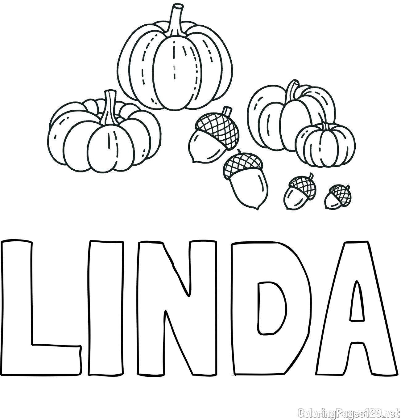 LINDA Coloring Page and Autumn Harvest Coloring Page - Acorns and Pumpkins