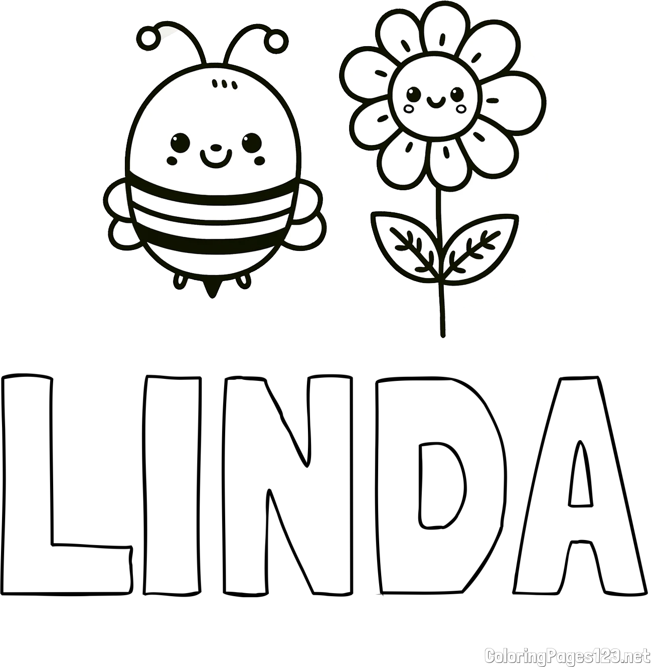 LINDA Coloring Page and Coloring Page of a Cute Bee and Smiling Flowers