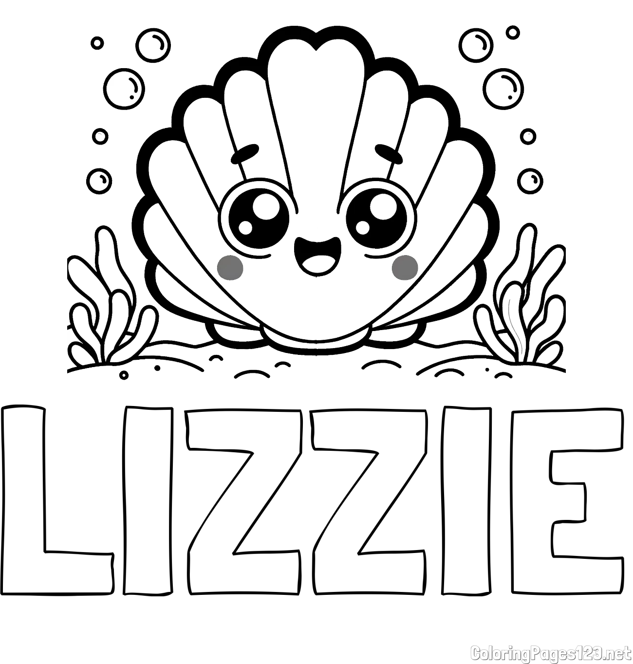 LIZZIE Coloring Page and Smiling Seashell Coloring Page for Kids