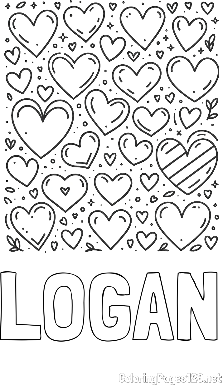 LOGAN Coloring Page and Children's Coloring Page of Many Hearts