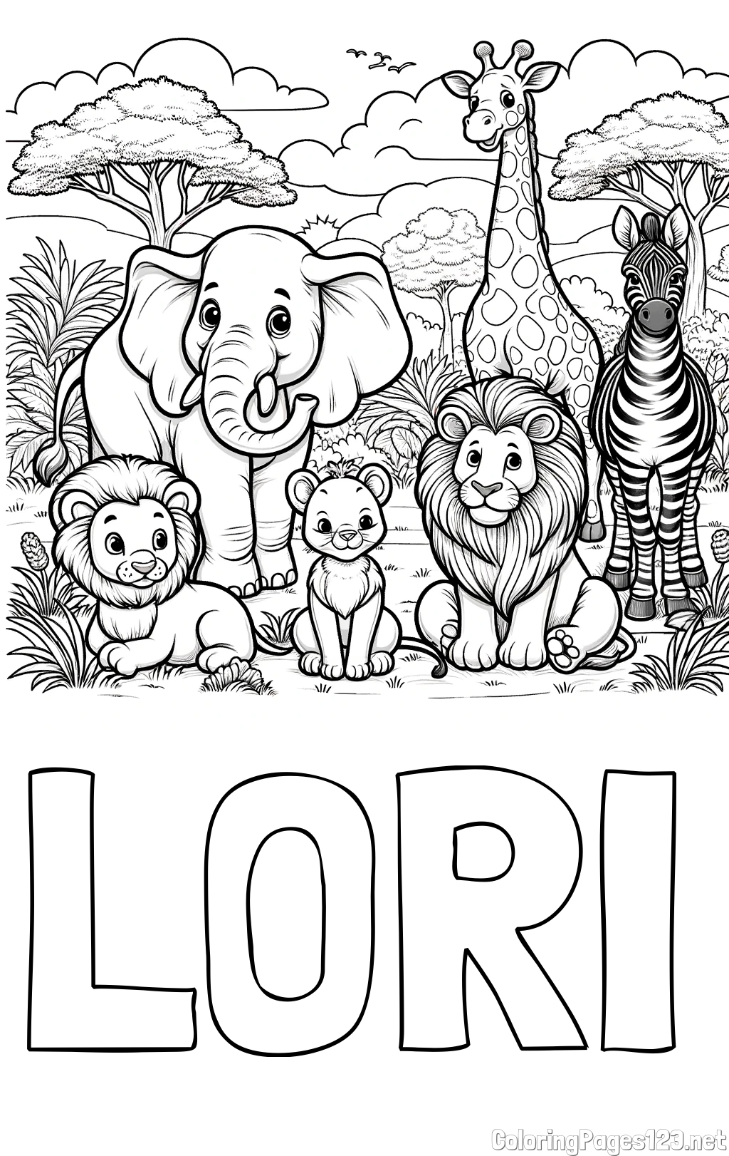 LORI Coloring Page and Beautiful Animal Coloring Page - Lion Family, Elephant, Giraffe, and Zebra