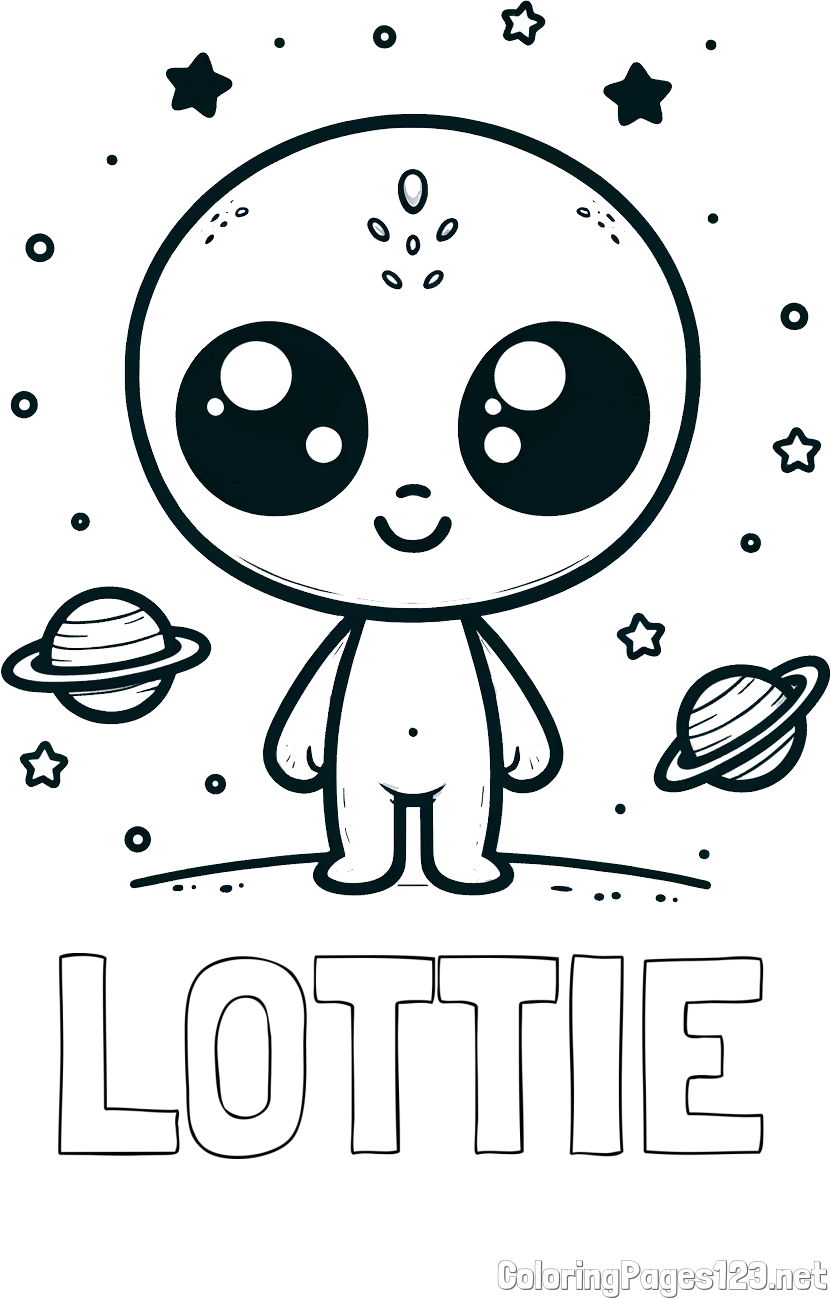 LOTTIE Coloring Page and Cute Alien Coloring Page - Smiling with Planets and Stars