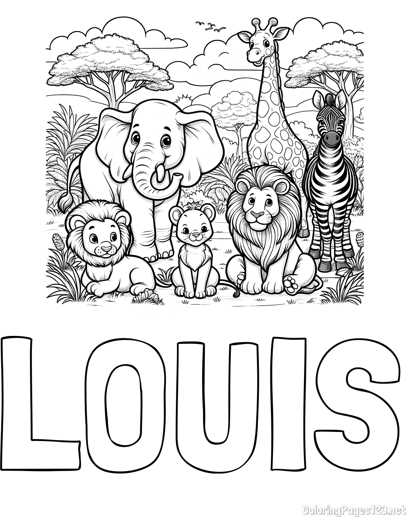 LOUIS Coloring Page and Beautiful Animal Coloring Page - Lion Family, Elephant, Giraffe, and Zebra