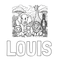Online Created Coloring Page - LOUIS Coloring Page and Beautiful Animal Coloring Page - Lion Family, Elephant, Giraffe, and Zebra
