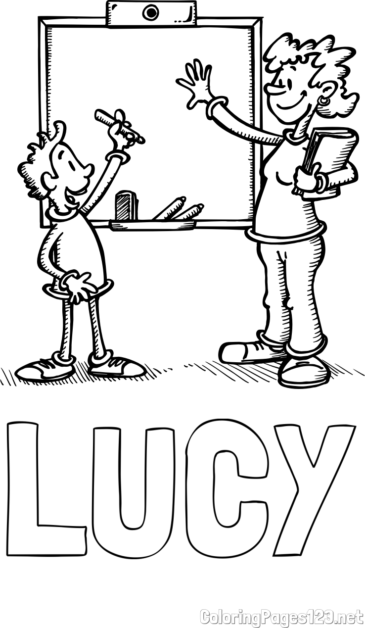 LUCY Coloring Page and School Coloring Page of a Teacher and a Student
