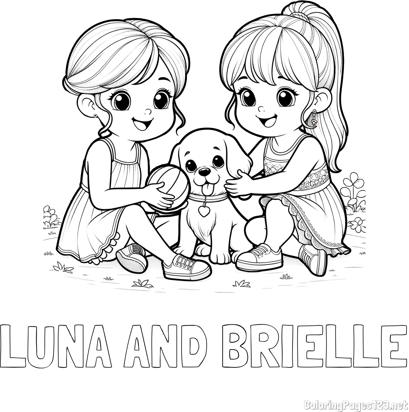 LUNA AND BRIELLE Coloring Page and Coloring Page of Two Girls with a Dog