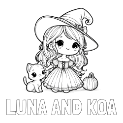 Online Created Coloring Page - LUNA AND KOA Coloring Page and Coloring Page of a Cute Witch and a Cat
