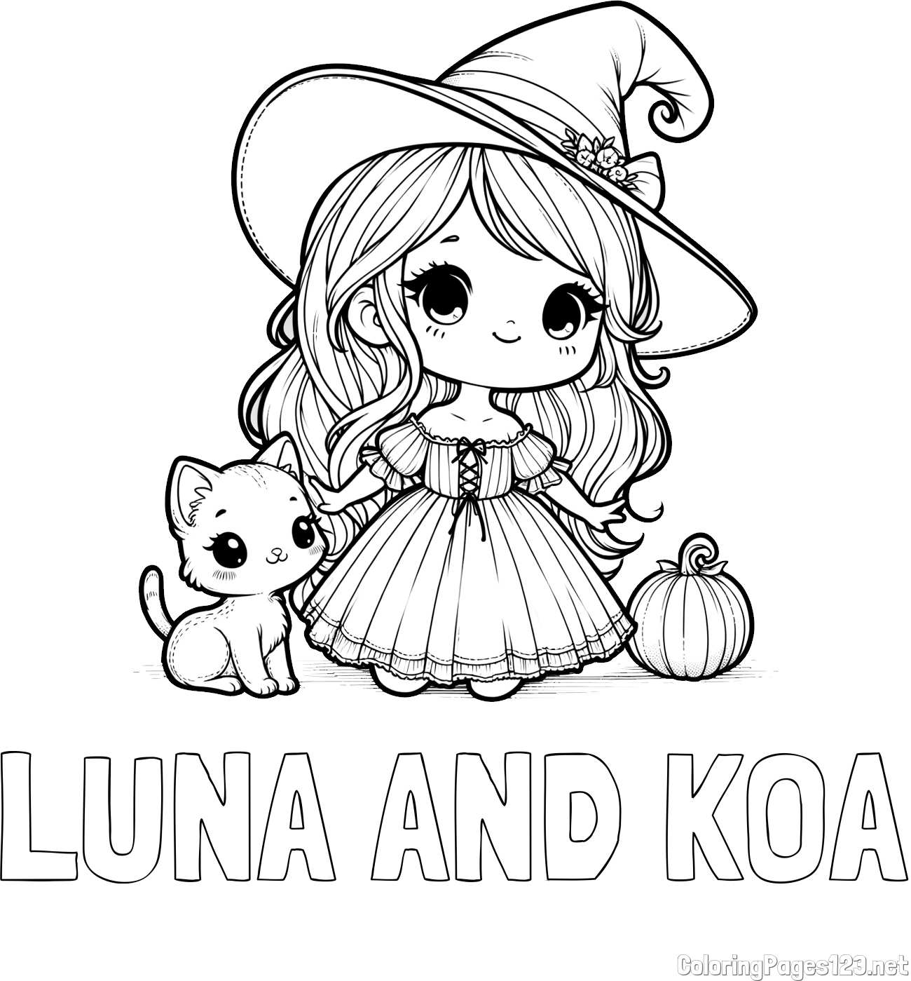 LUNA AND KOA Coloring Page and Coloring Page of a Cute Witch and a Cat