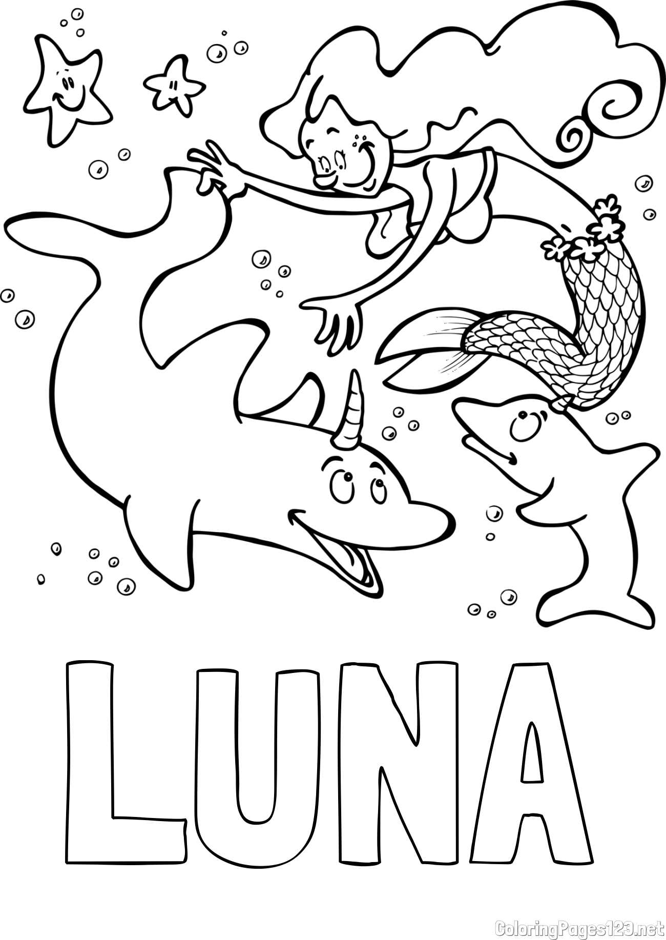LUNA Coloring Page and Coloring Page of a Mermaid Playing with Dolphins