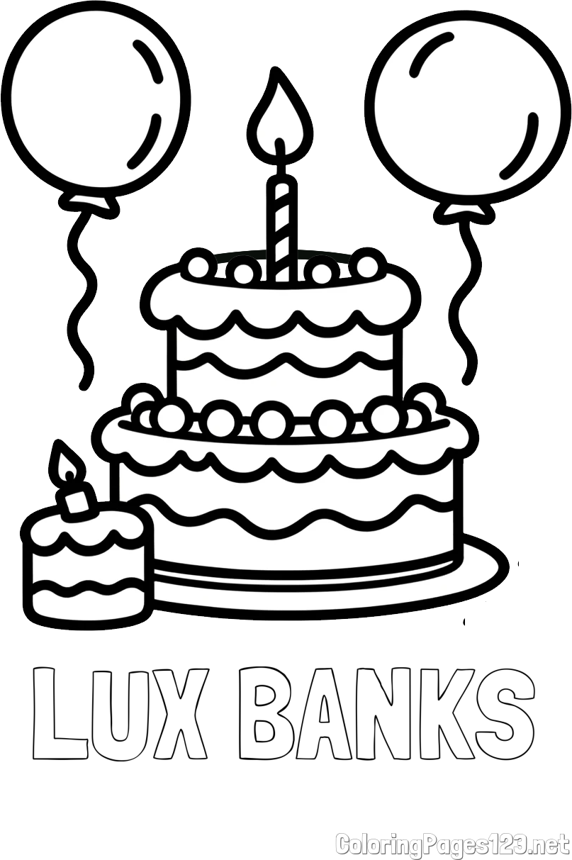 LUX BANKS Coloring Page and Birthday Cake Coloring Page with Balloons