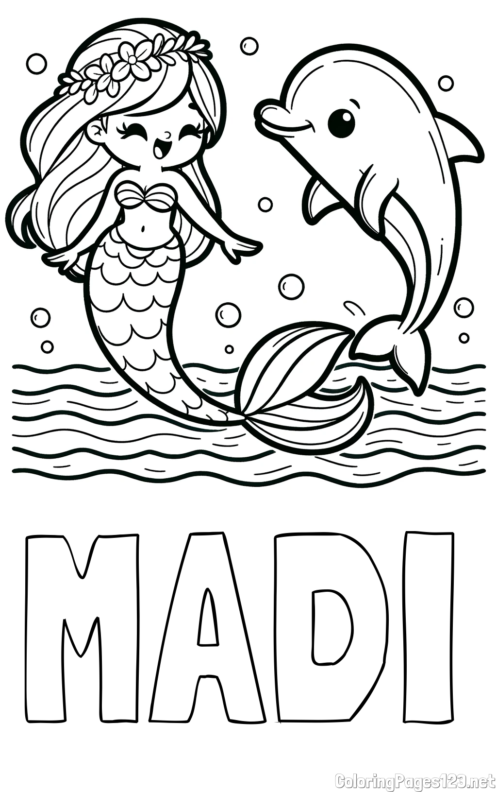 MADI Coloring Page and Coloring Page of a Cute Mermaid Dancing with a Dolphin