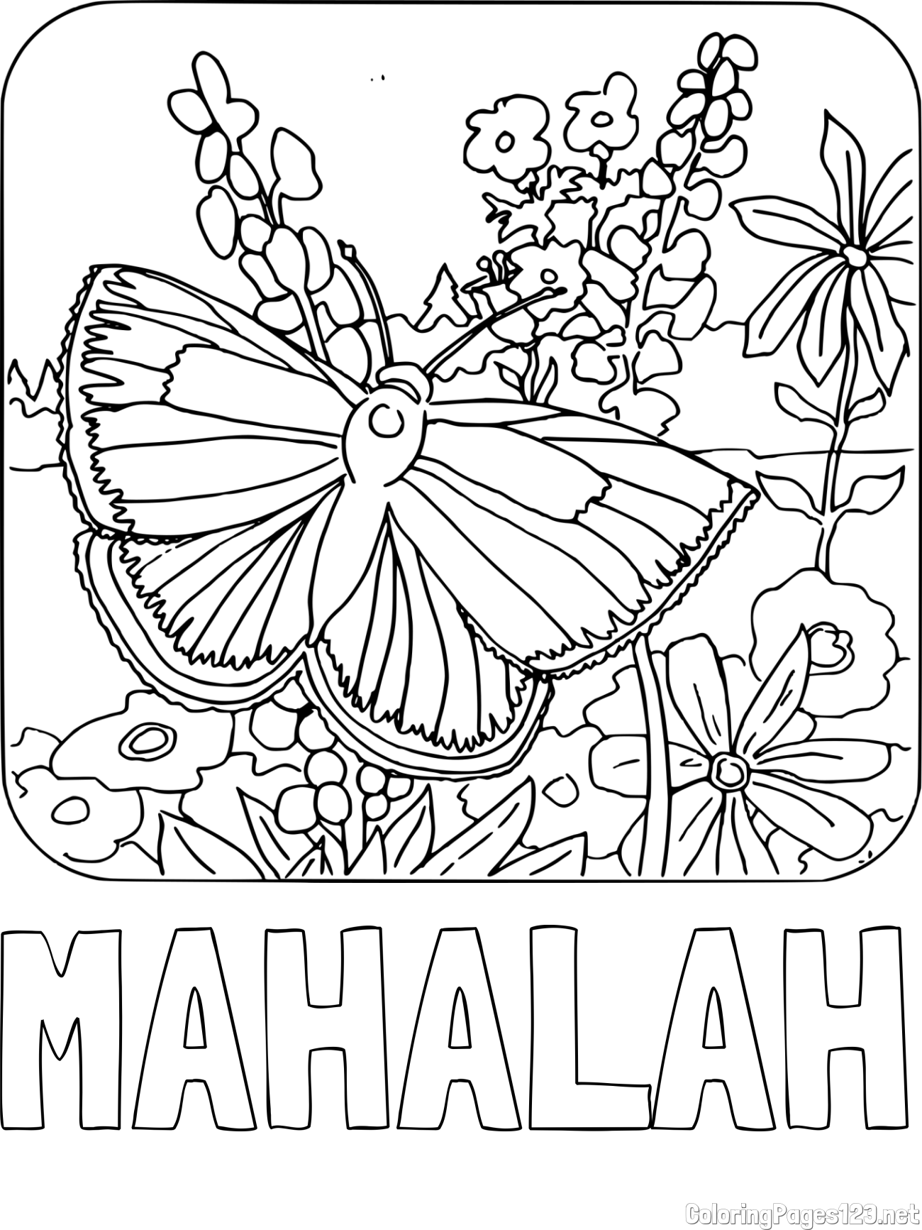 MAHALAH Coloring Page and Butterfly on Flower Coloring Page