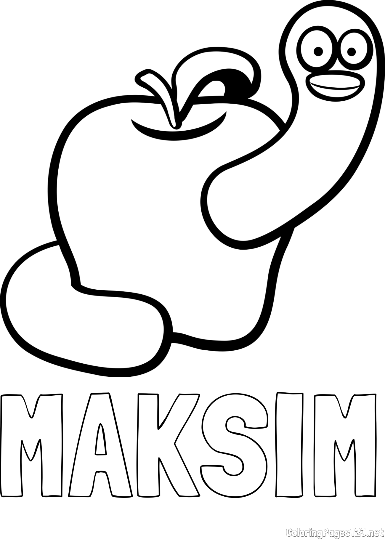 MAKSIM Coloring Page and Apple and Smiling Worm Coloring Page