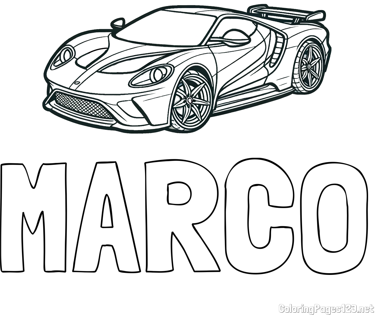 MARCO Coloring Page alongside Coloring Page of a Fast Sport's Car