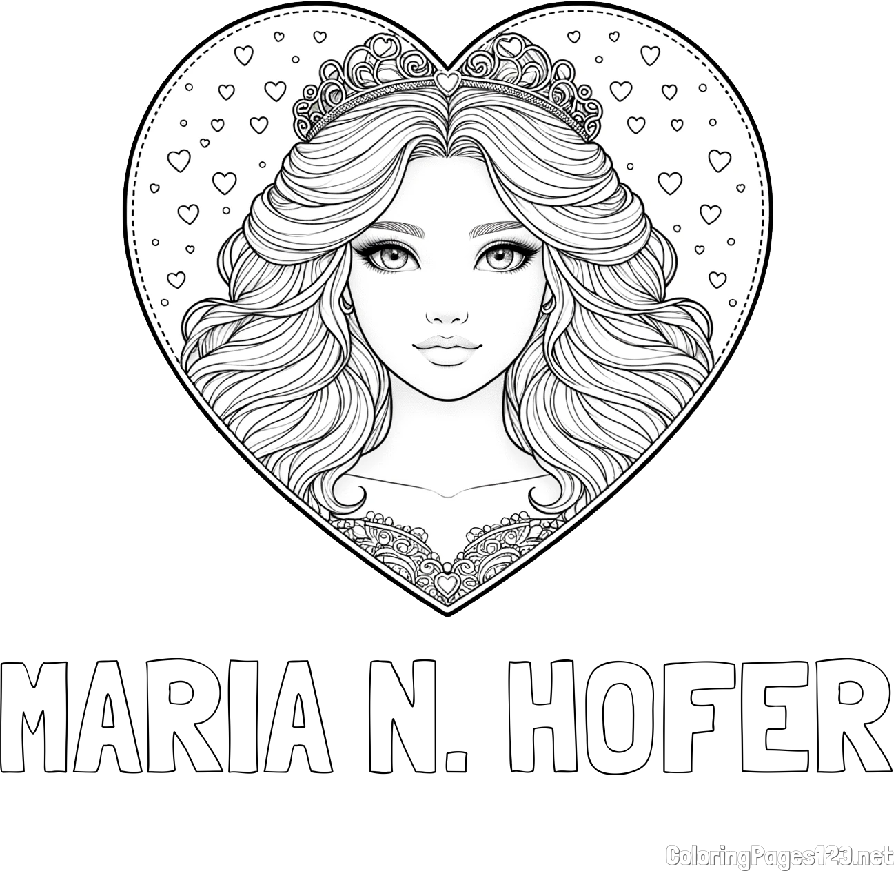 MARIA N. HOFER Coloring Page and Coloring Page of a Princess in a Heart