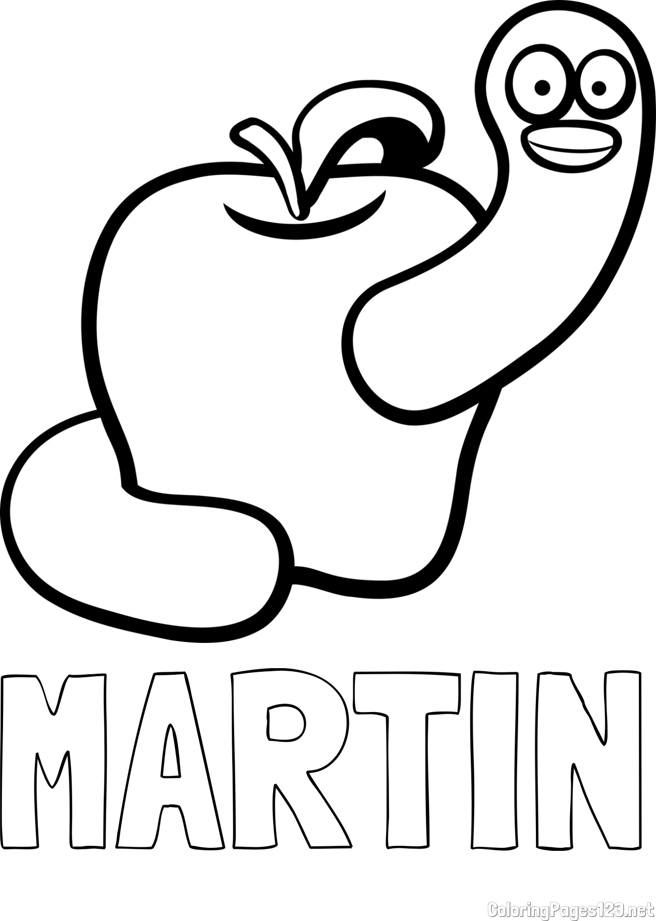MARTIN Coloring Page and Apple and Smiling Worm Coloring Page