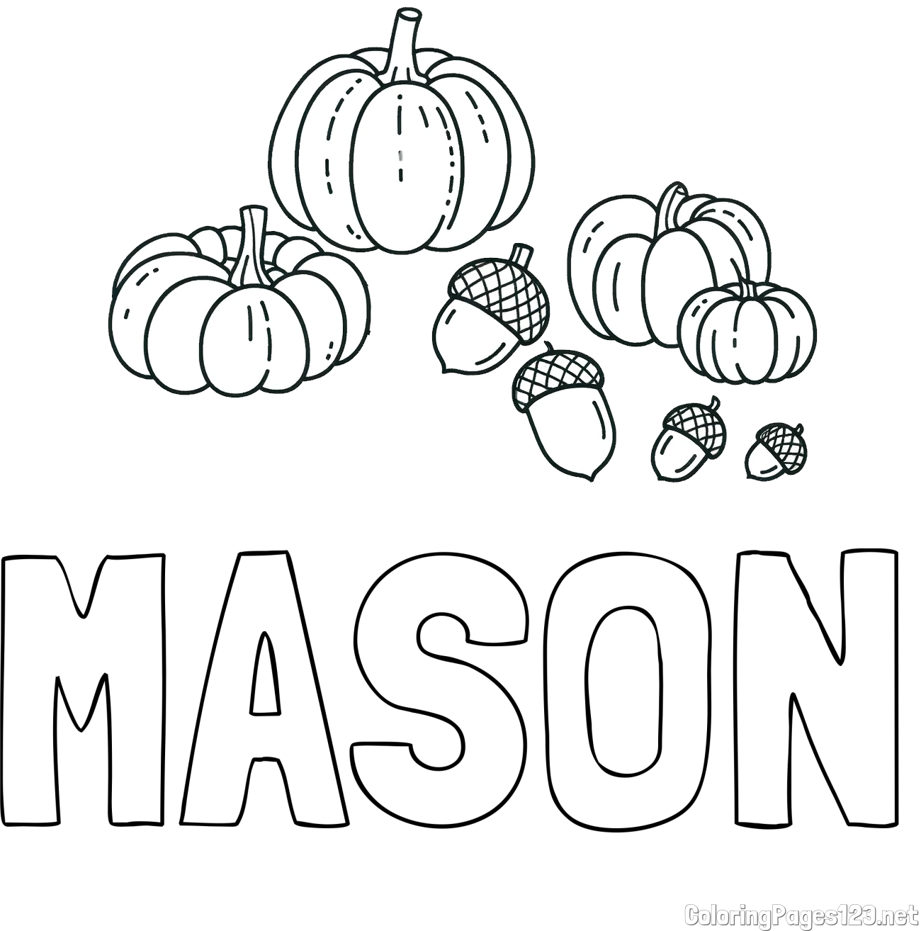 MASON Coloring Page and Autumn Harvest Coloring Page - Acorns and Pumpkins