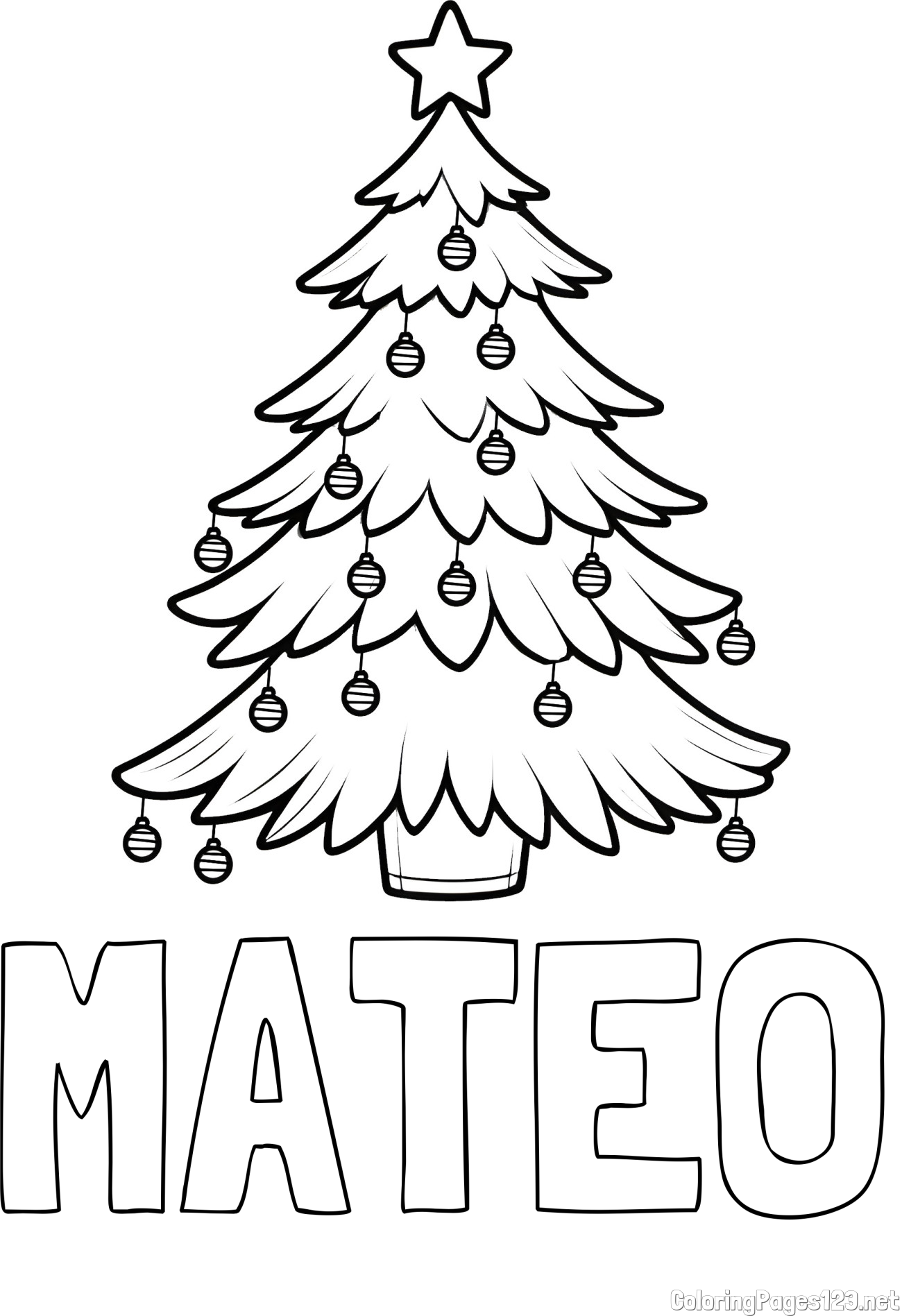 MATEO Coloring Page and Christmas Tree with Star and Ornaments Coloring Page