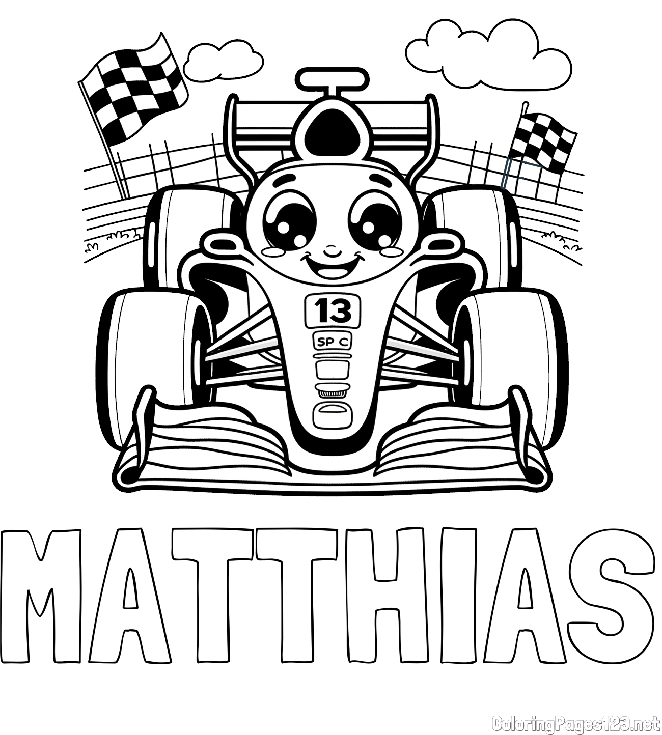 MATTHIAS Coloring Page and Children's Coloring Page of a Smiling Formula One Car