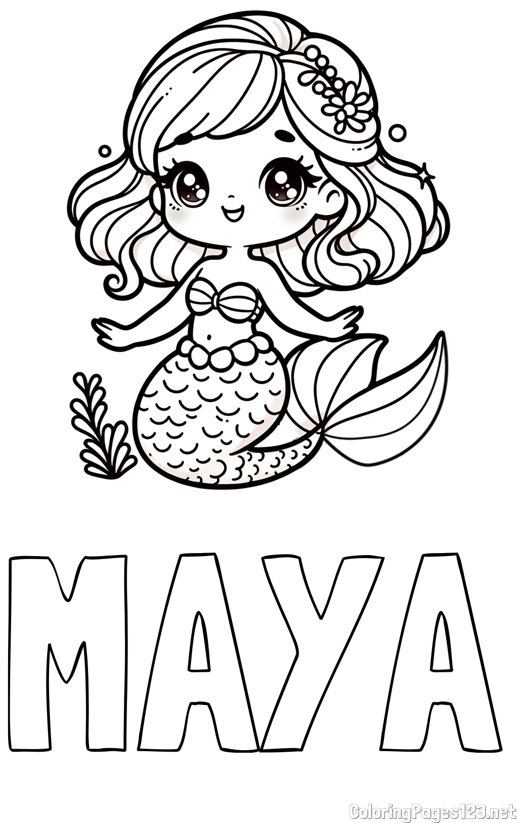 MAYA Coloring Page and Coloring Page of a Charming Mermaid