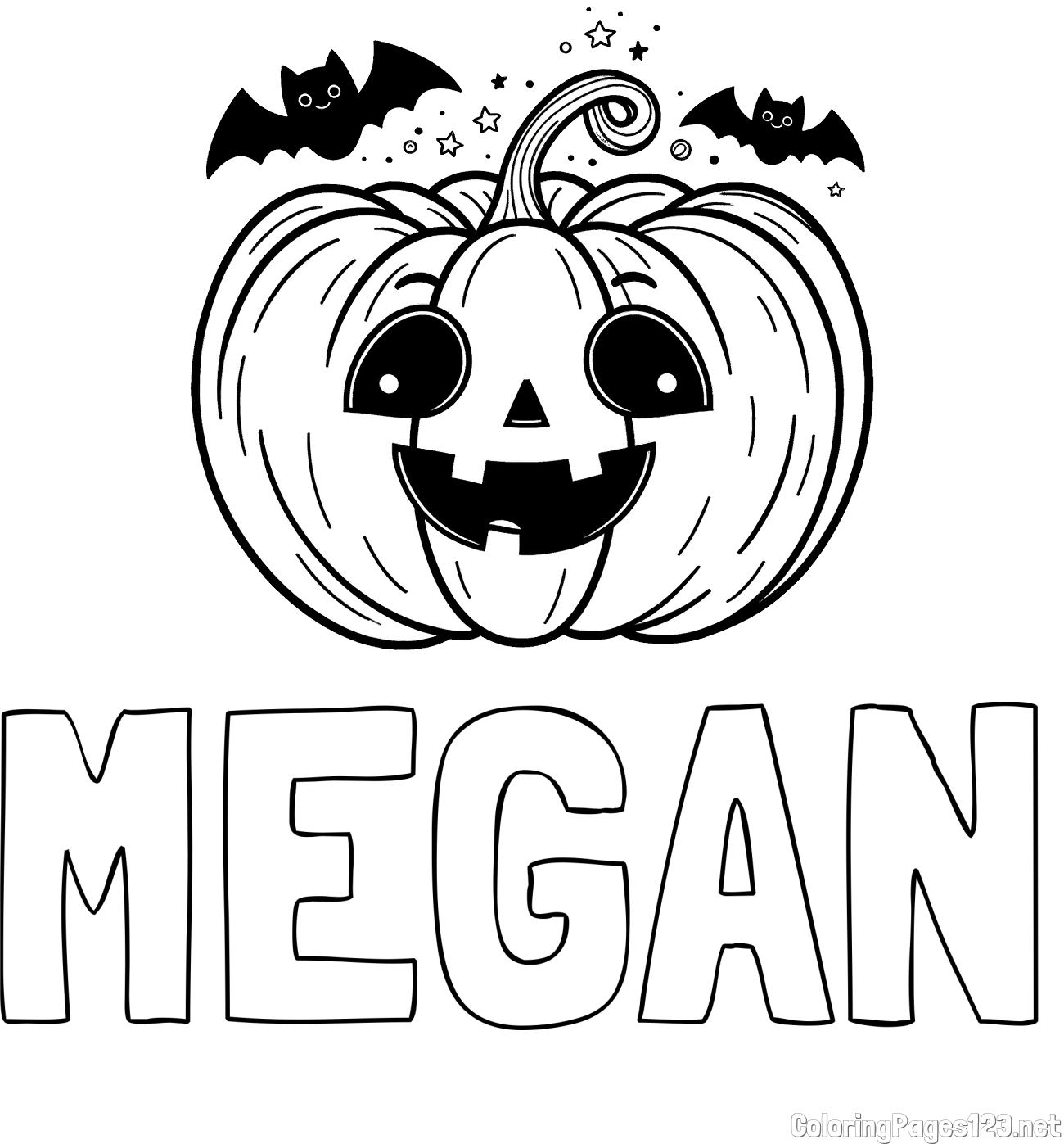 MEGAN Coloring Page and Halloween Pumpkin and Bats Coloring Page