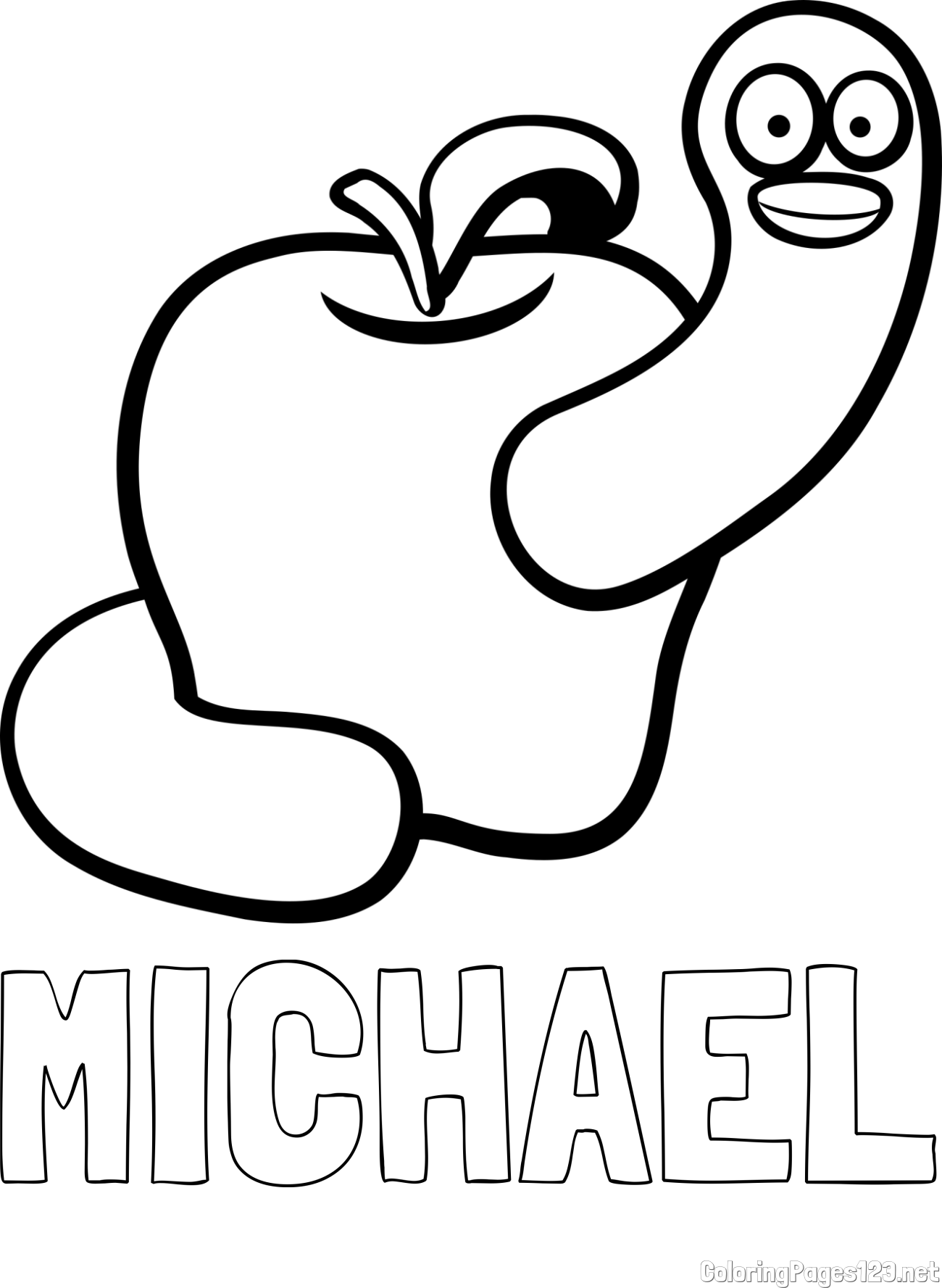 MICHAEL Coloring Page and Apple and Smiling Worm Coloring Page
