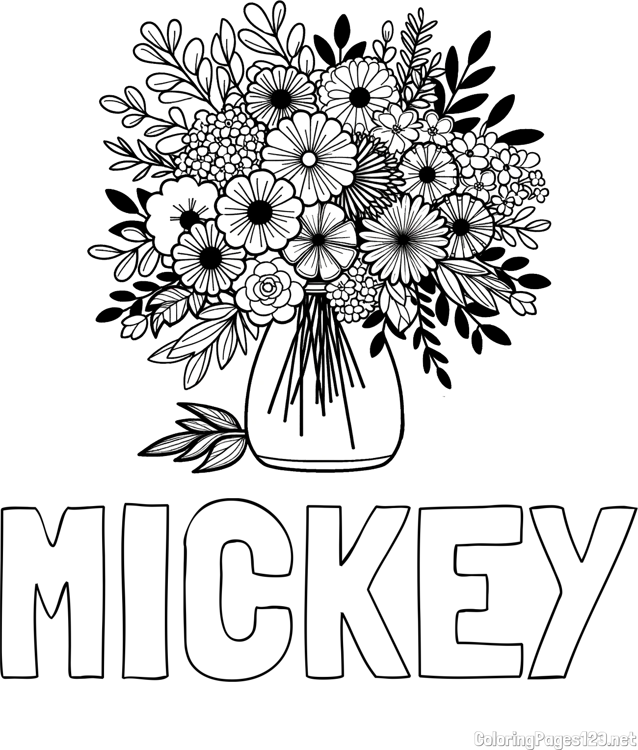 MICKEY Coloring Page and Flower Bouquet Coloring Page