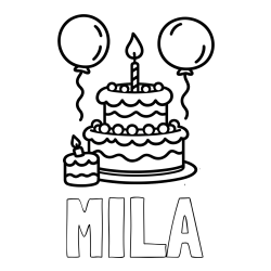 Online Created Coloring Page - MILA Coloring Page and Birthday Cake Coloring Page with Balloons