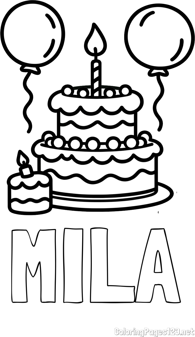MILA Coloring Page and Birthday Cake Coloring Page with Balloons
